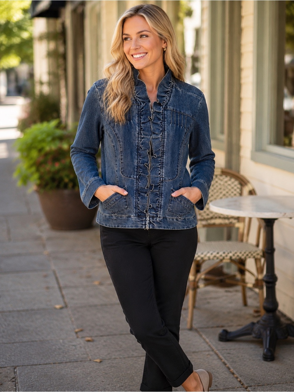 Baccini Dark Blue Ruffle-Trim Denim Jacket
